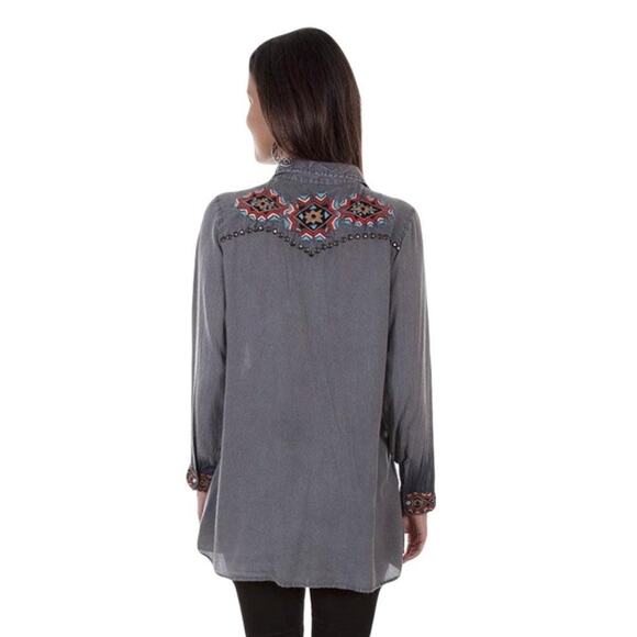 Scully Shirt Womens Medium Gray Western Aztec Embroidered Pearl Snap Long Sleeve - Picture 2 of 9